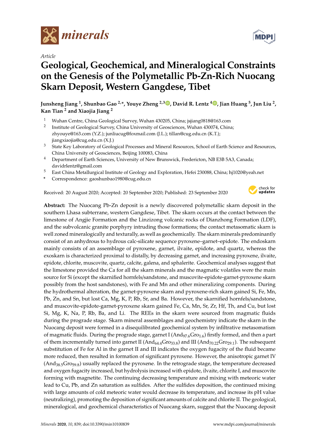 Geological, Geochemical, and Mineralogical Constraints on the Genesis of the Polymetallic Pb-Zn-Rich Nuocang Skarn Deposit, Western Gangdese, Tibet