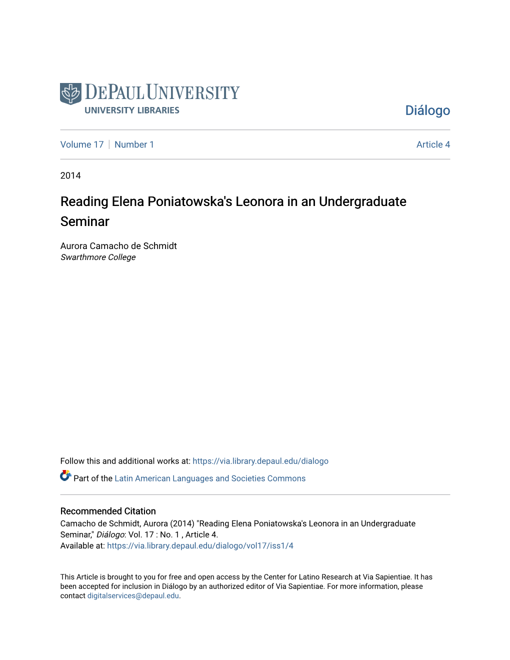 Reading Elena Poniatowska's Leonora in an Undergraduate Seminar