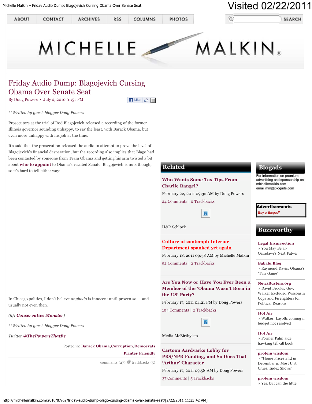 Michelle Malkin » Friday Audio Dump: Blagojevich Cursing Obama Over Senate Seat Visited 02/22/2011