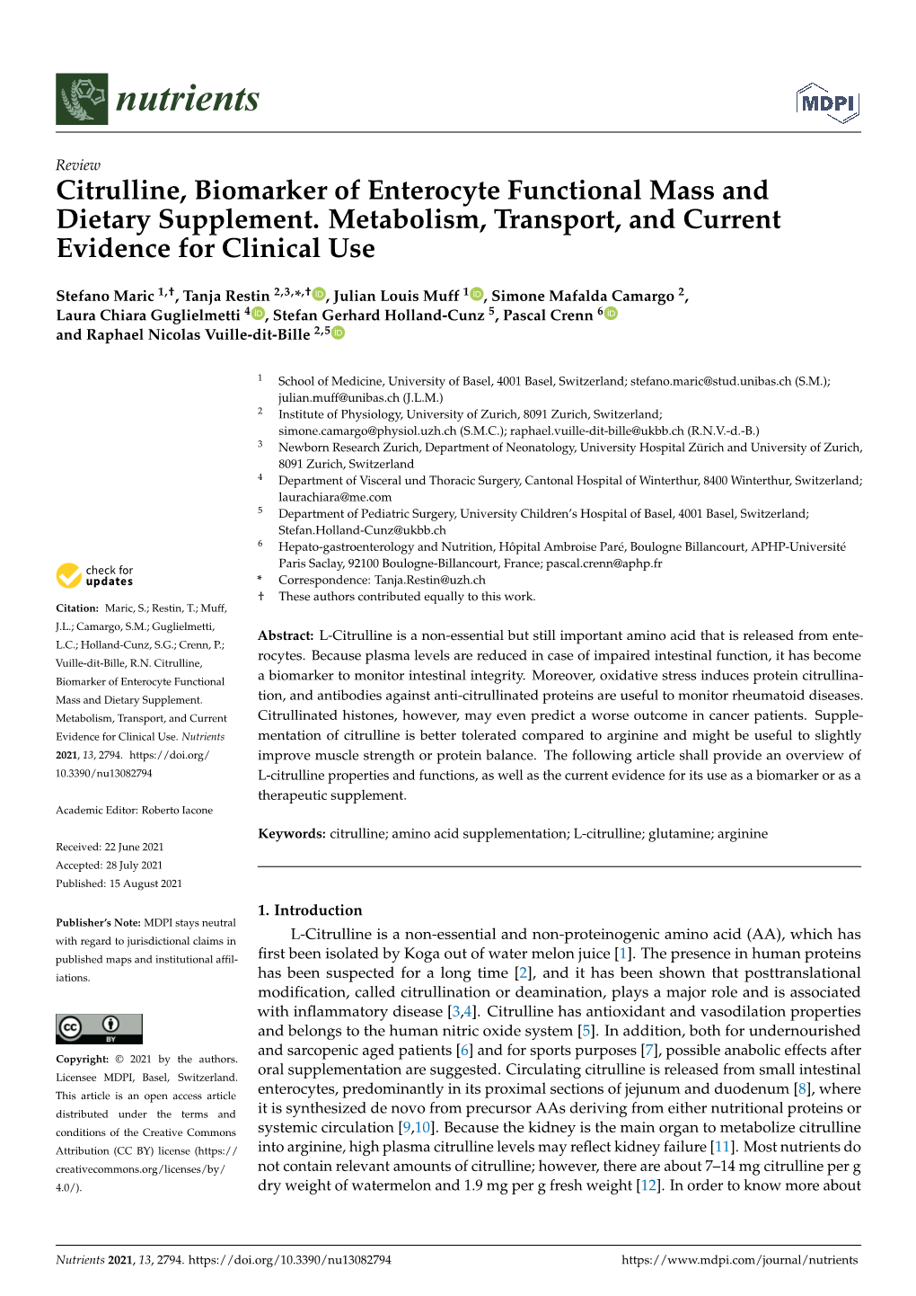 Citrulline, Biomarker of Enterocyte Functional Mass and Dietary Supplement