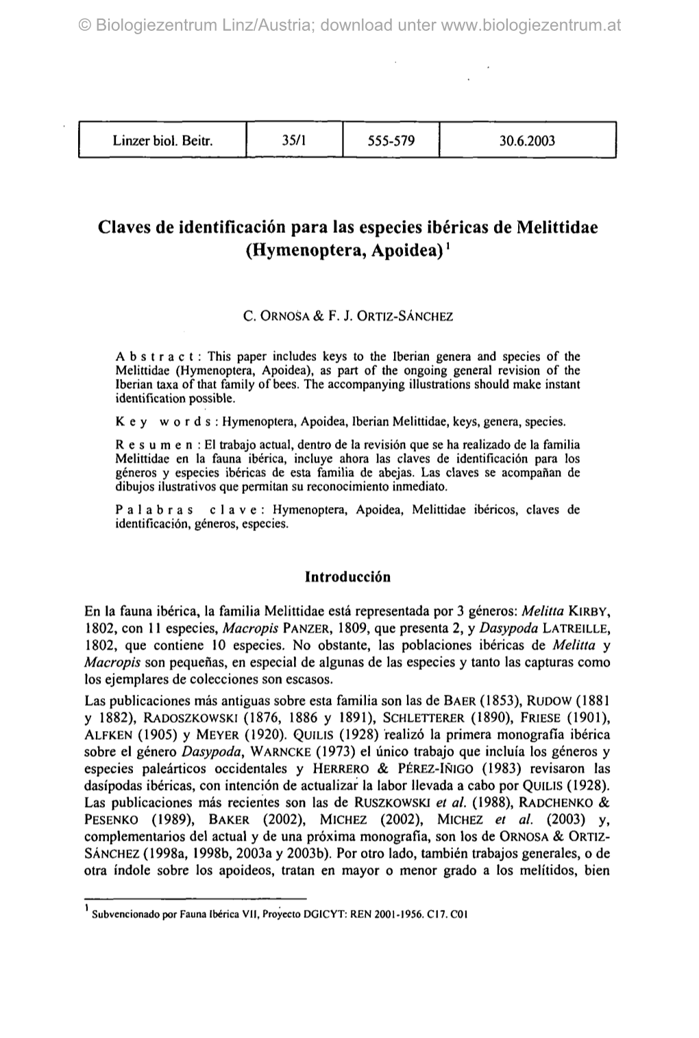 Claves De Identificaciön Para Las Especies Ibericas De Melittidae (Hymenoptera, Apoidea)'