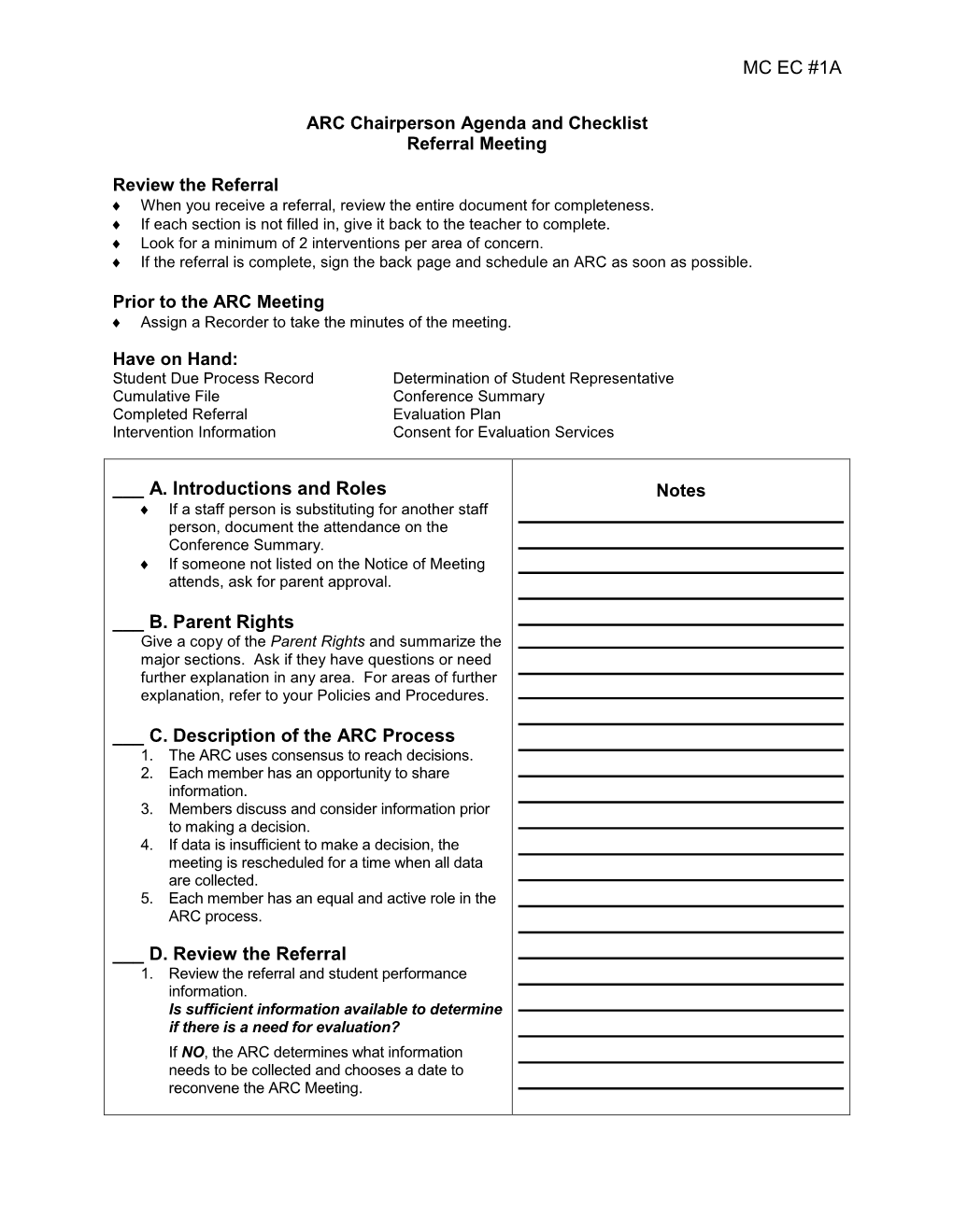 ARC Chairperson Agenda and Checklist Referral Meeting