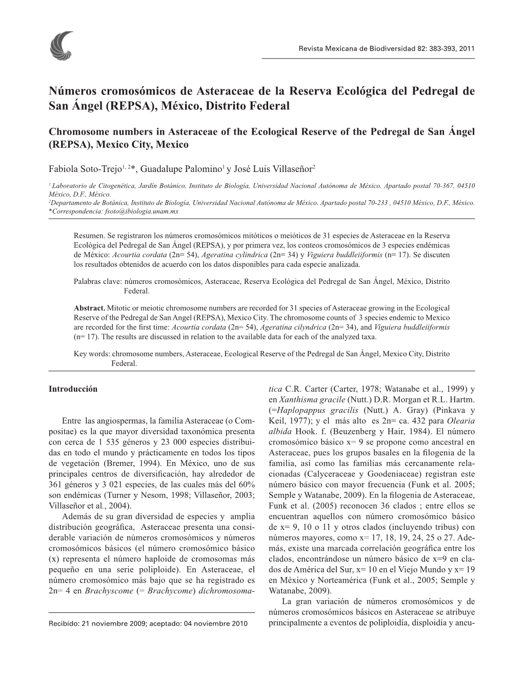 Números Cromosómicos De Asteraceae De La Reserva Ecológica Del Pedregal De San Ángel (REPSA), México, Distrito Federal