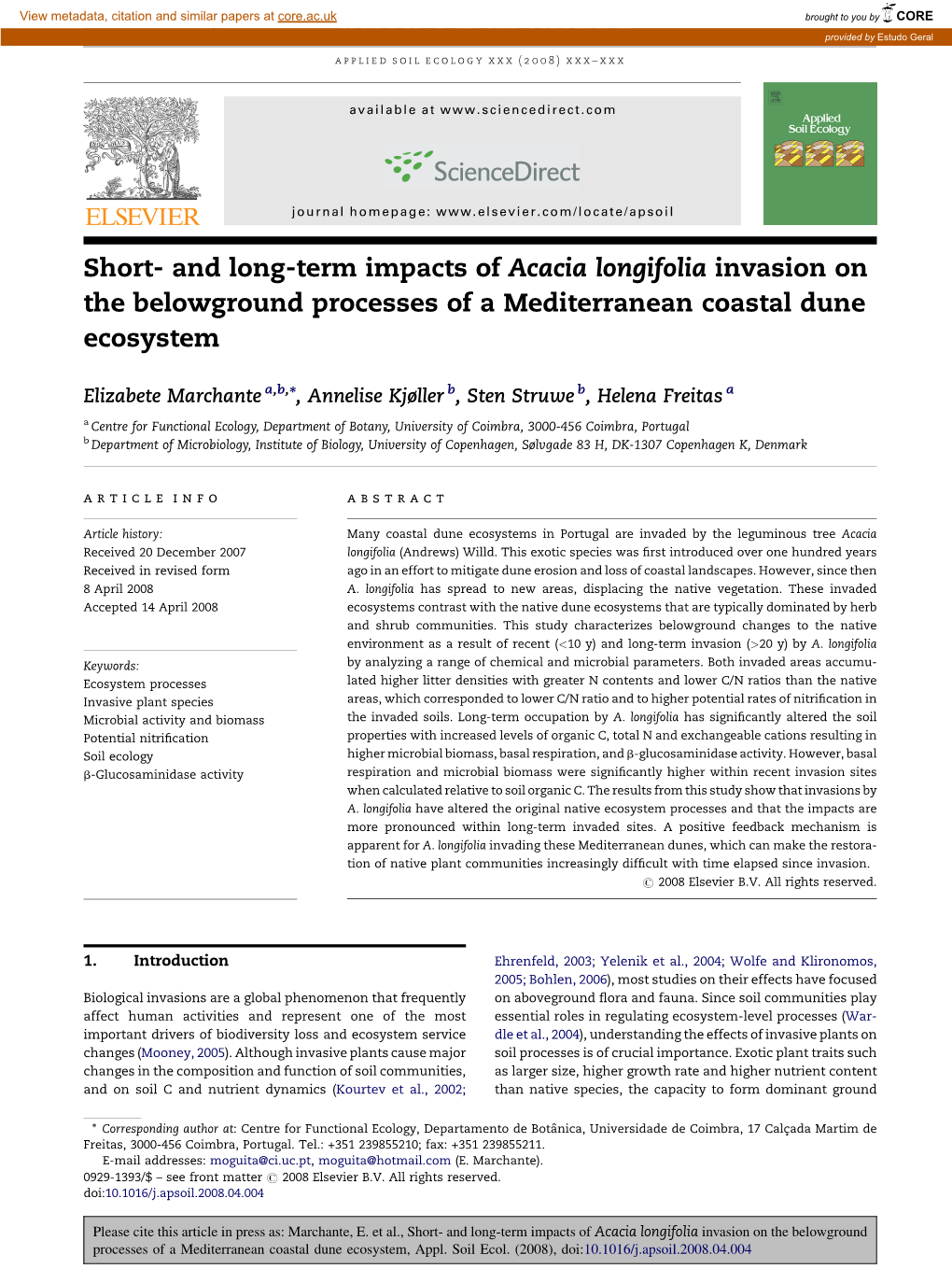 And Long-Term Impacts of Acacia Longifolia Invasion on the Belowground Processes of a Mediterranean Coastal Dune Ecosystem