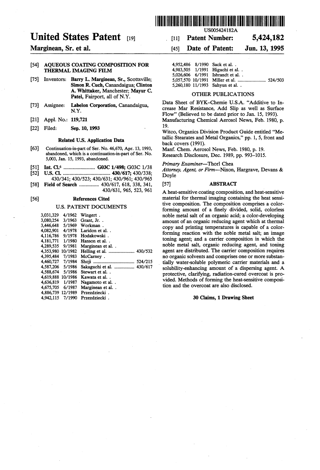 United States Patent (19) 11 Patent Number: 5,424,182 Marginean, Sr