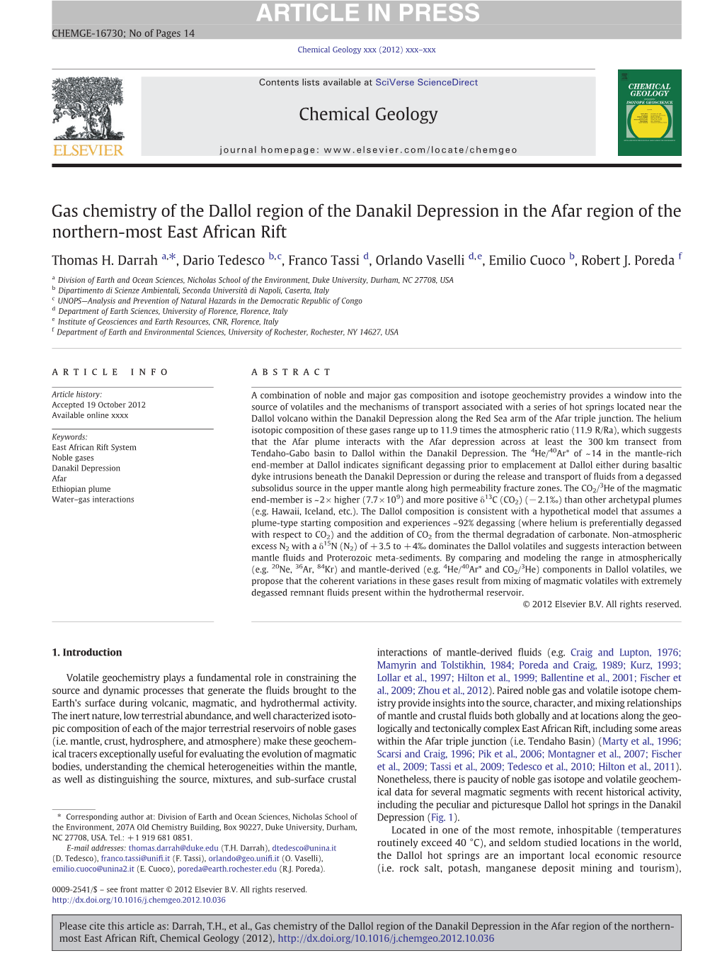 Gas Chemistry of the Dallol Region of the Danakil Depression in the Afar Region of the Northern-Most East African Rift