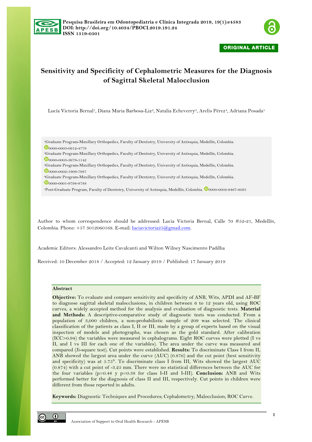 Sensitivity and Specificity of Cephalometric Measures for the Diagnosis of Sagittal Skeletal Malocclusion