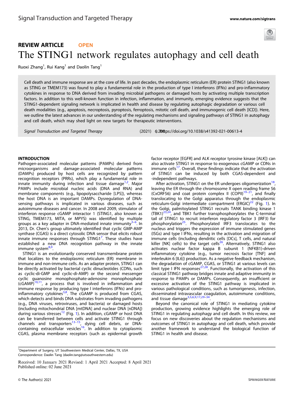 The STING1 Network Regulates Autophagy and Cell Death