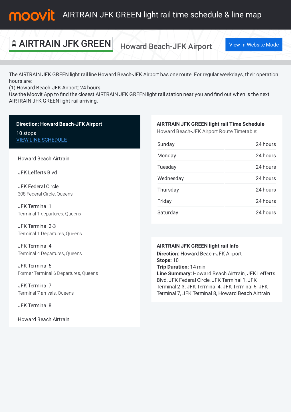 AIRTRAIN JFK GREEN Light Rail Time Schedule & Line Route