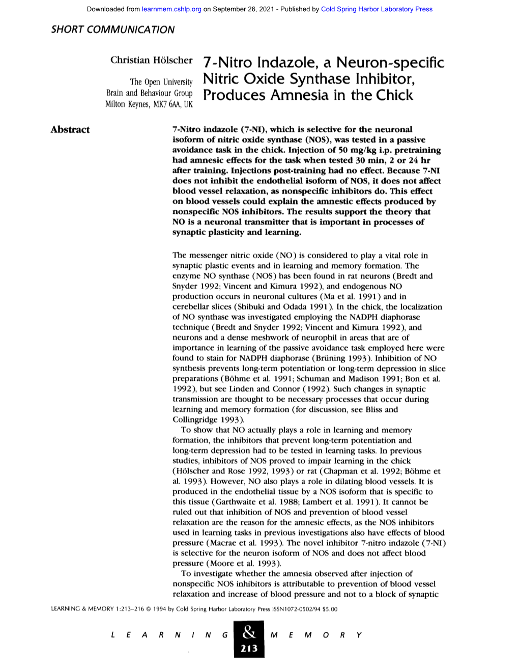 7-Nitro Indazole, a Neuron-Specific Nitric Oxide Synthase Inhibitor, Produces Amnesia in the Chick