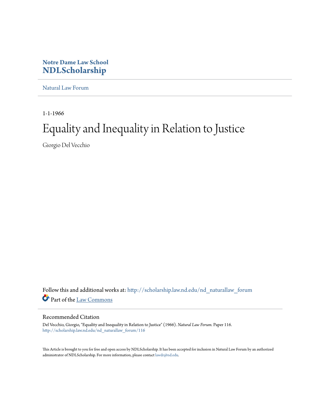 Equality and Inequality in Relation to Justice Giorgio Del Vecchio