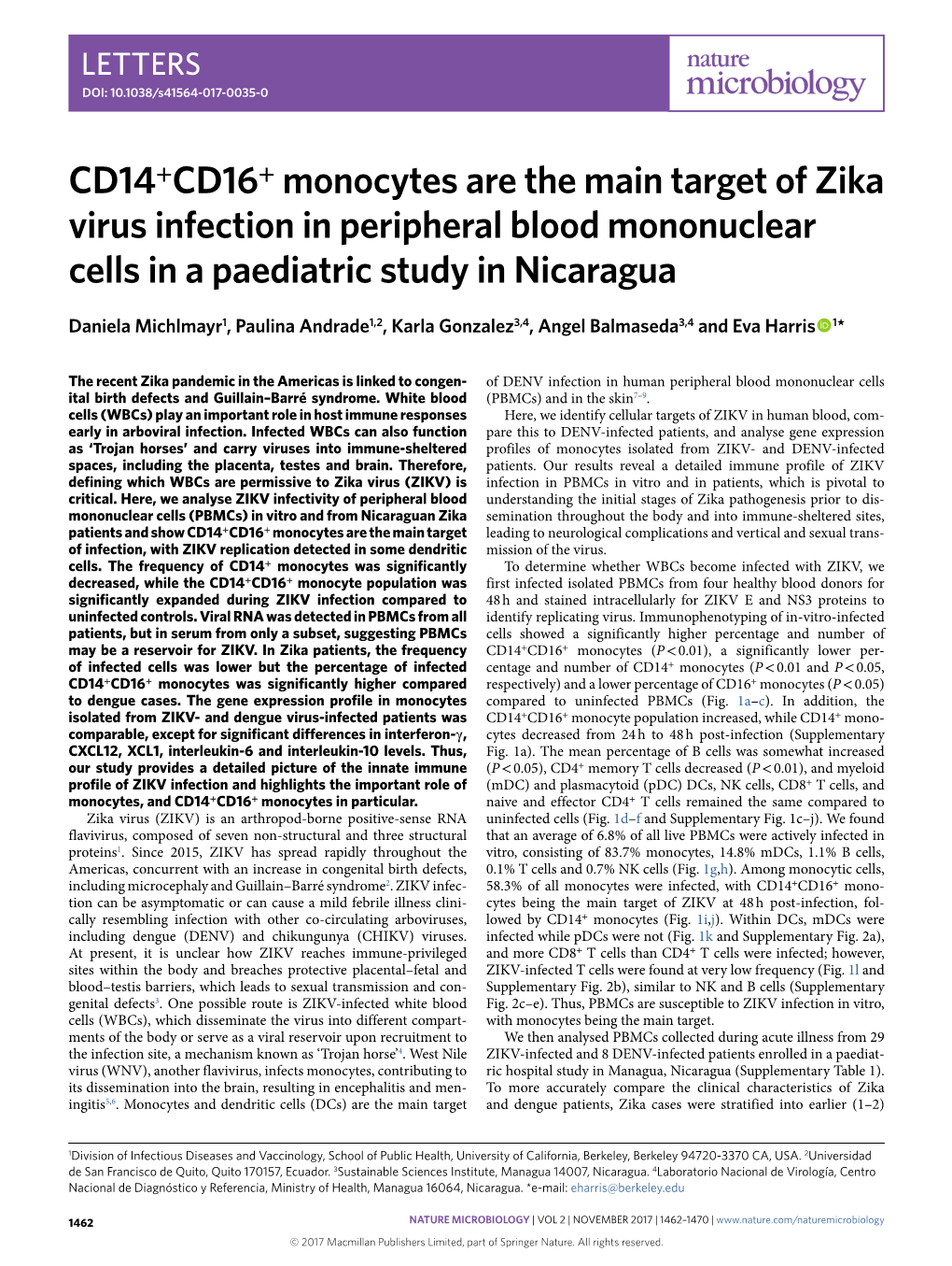 CD14+CD16+ Monocytes Are the Main Target of Zika Virus Infection in Peripheral Blood Mononuclear Cells in a Paediatric Study in Nicaragua