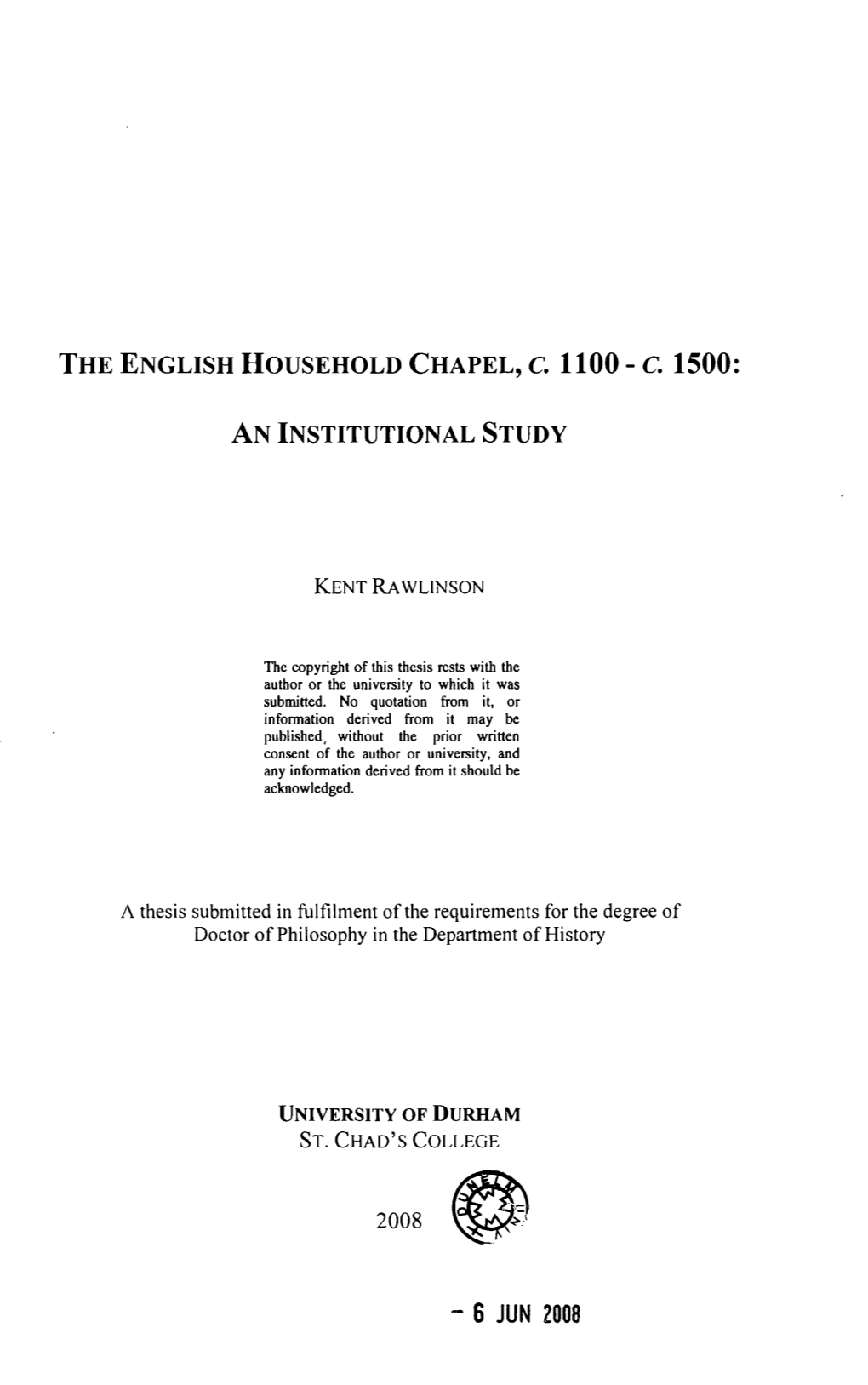 AN INSTITUTIONAL STUDY a Thesis Submitted In