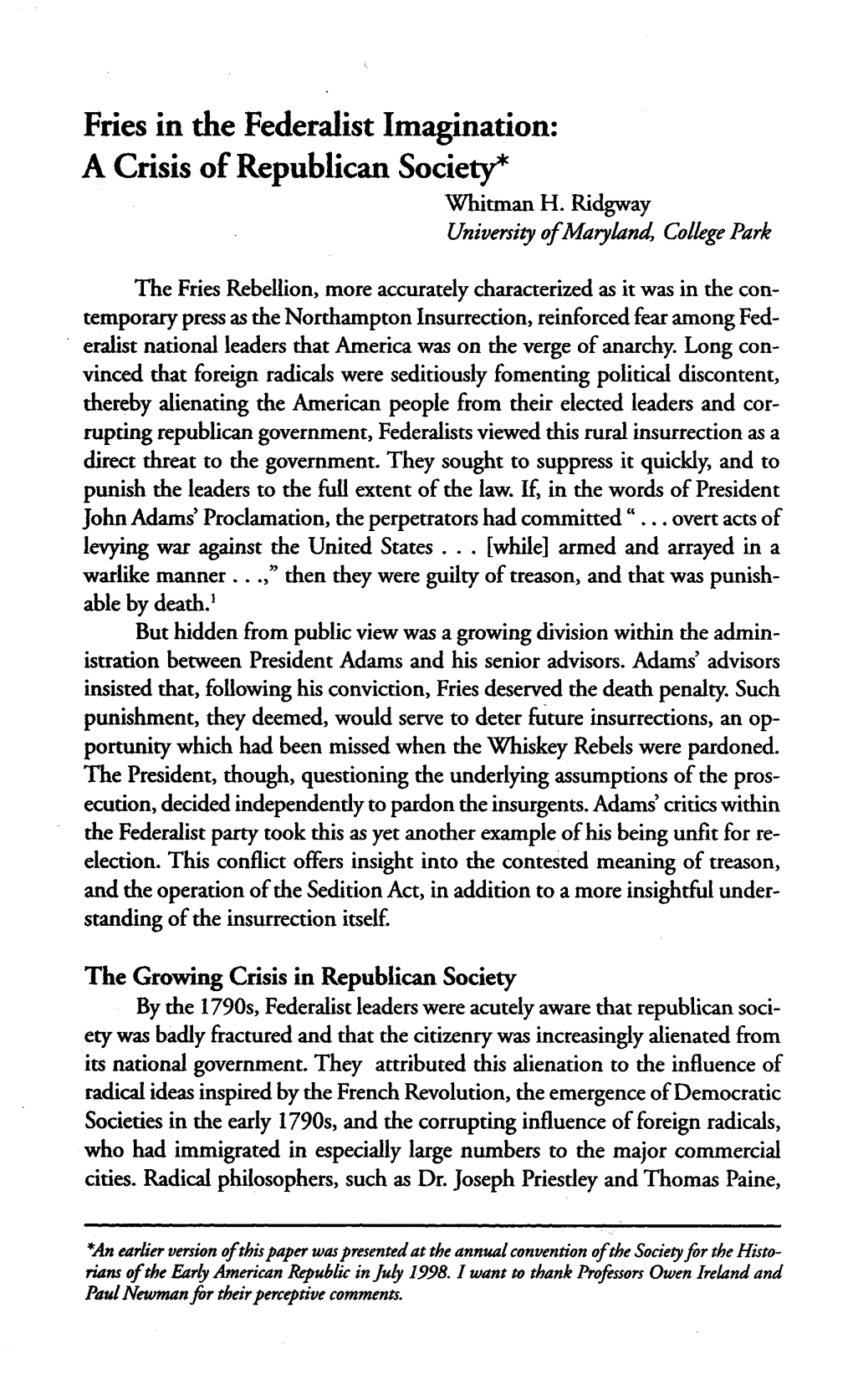 Fries in the Federalist Imagination: a Crisis of Republican Society* Whitman H