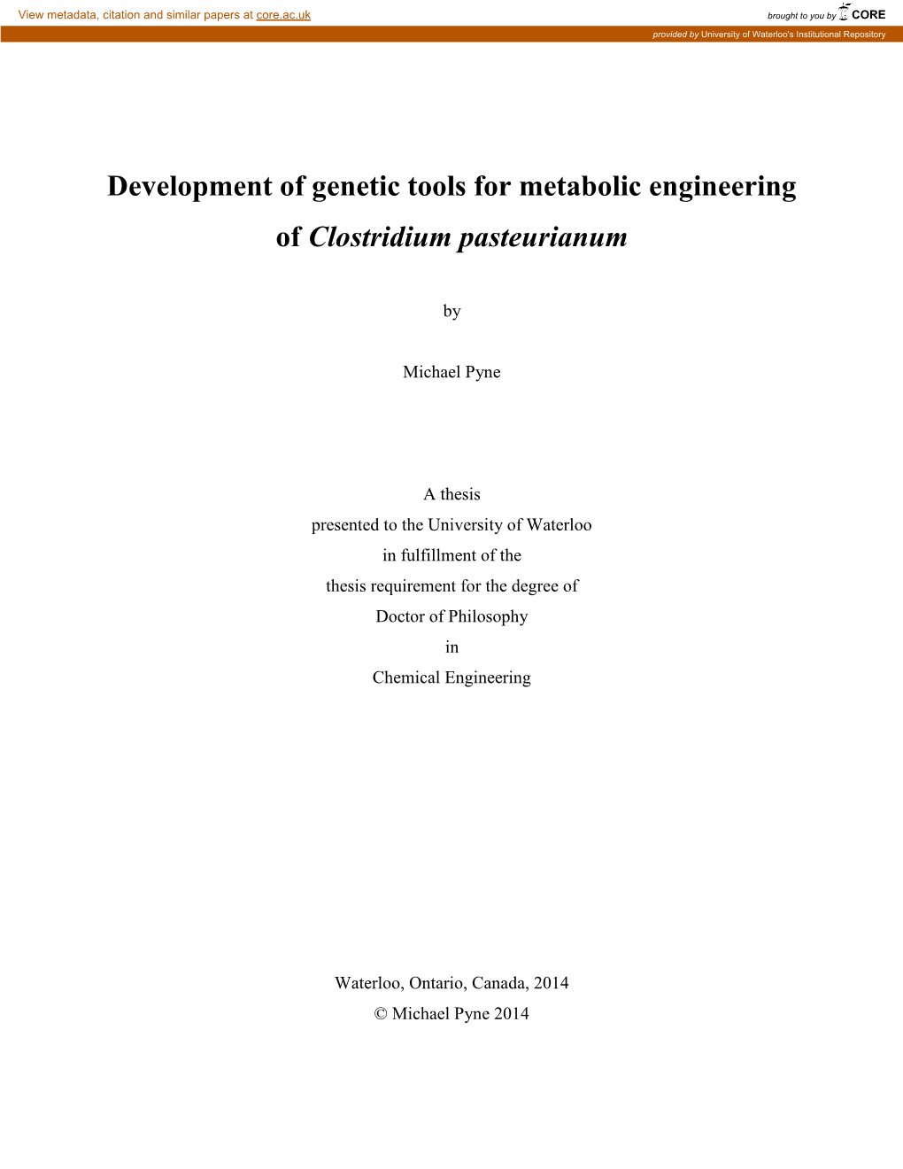 Development of Genetic Tools for Metabolic Engineering of Clostridium Pasteurianum