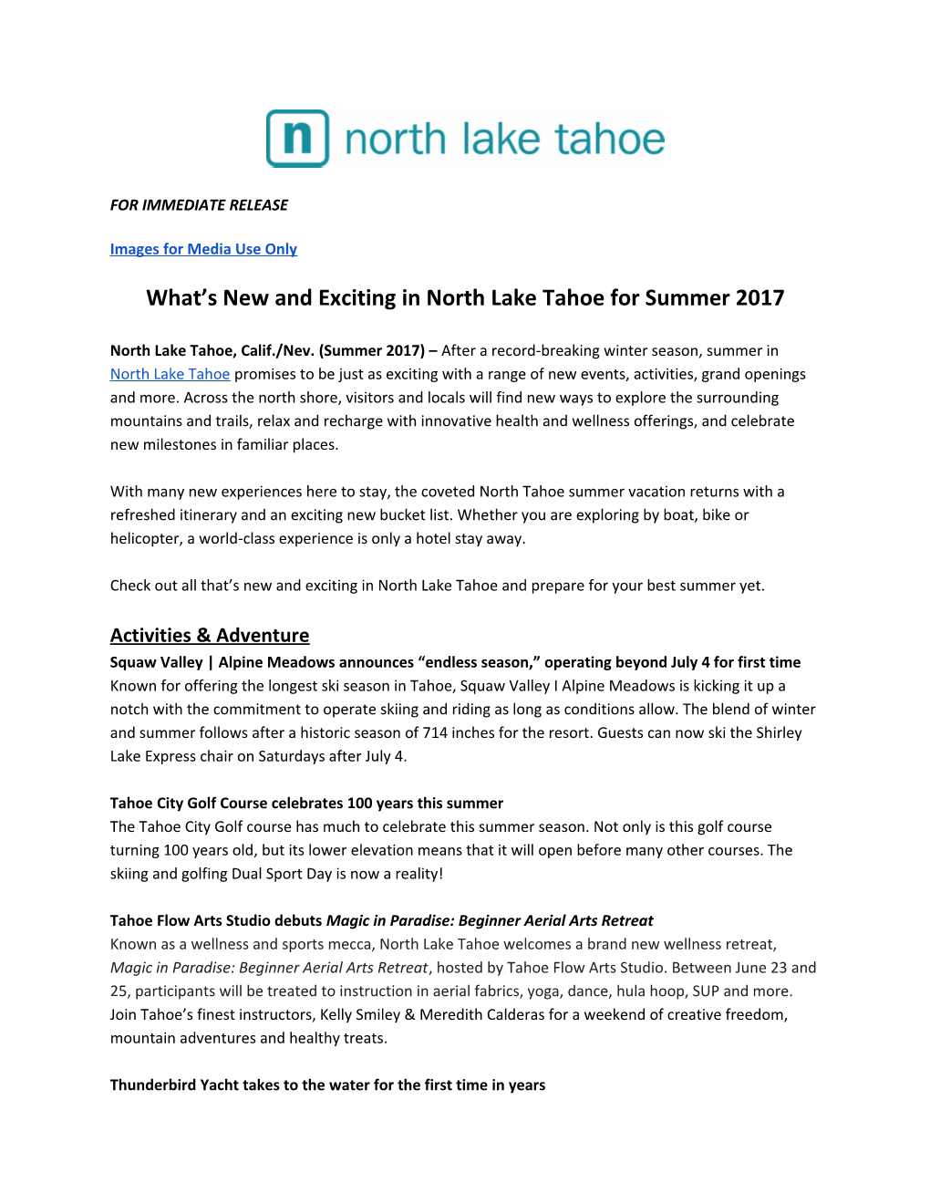 What S New and Exciting in North Lake Tahoe for Summer 2017