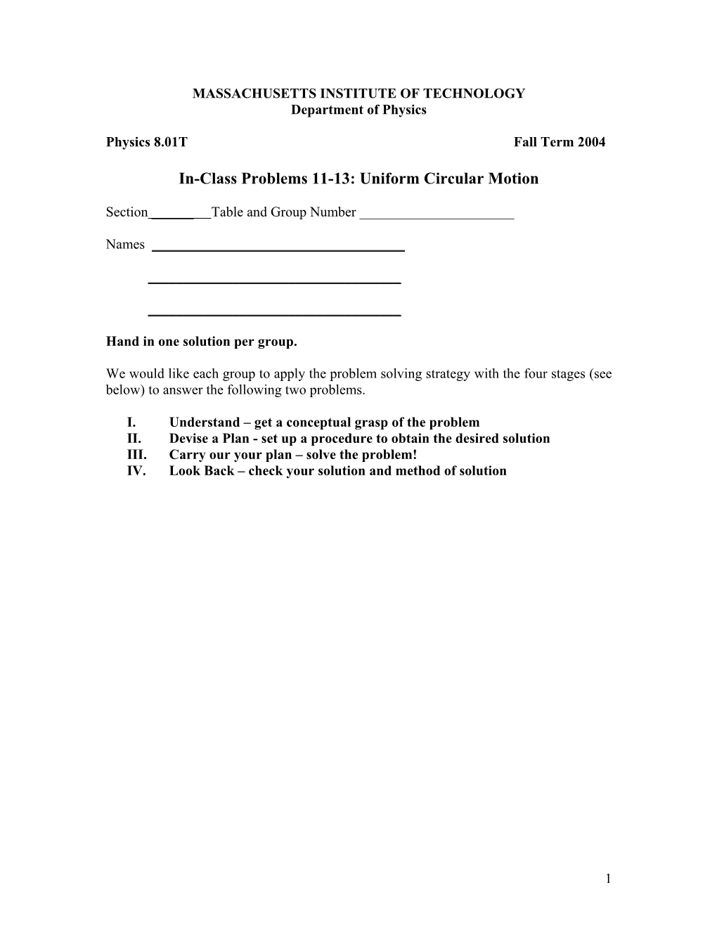 In-Class Problems 11-13: Uniform Circular Motion