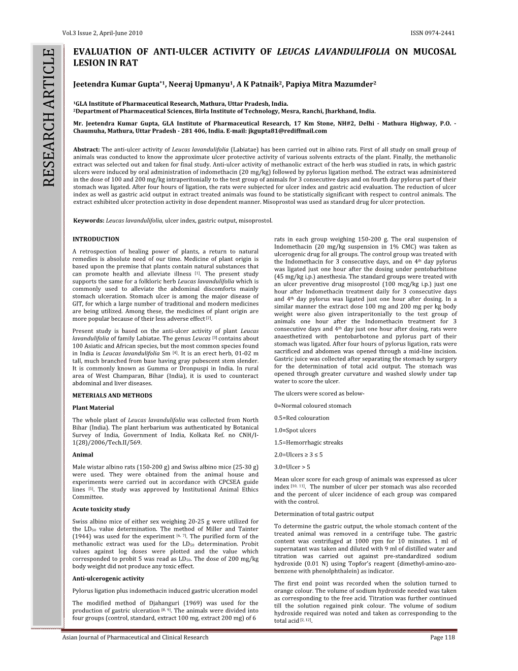 Evaluation of Anti-Ulcer Activity of Leucas Lavandulifolia on Mucosal Lesion In