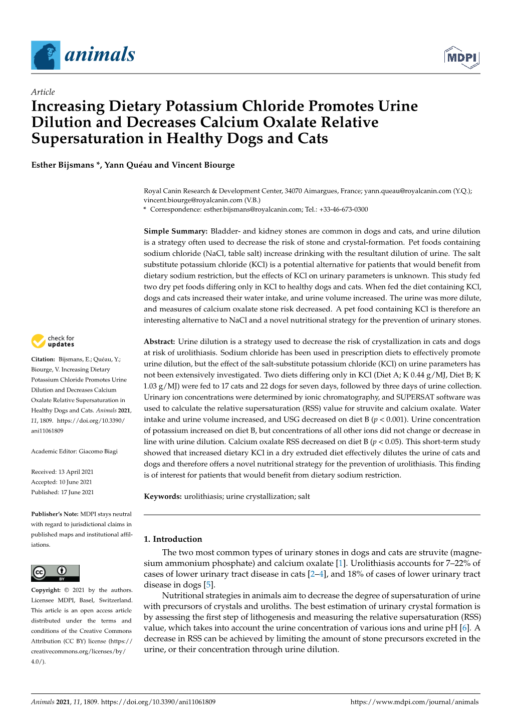 Increasing Dietary Potassium Chloride Promotes Urine Dilution and Decreases Calcium Oxalate Relative Supersaturation in Healthy Dogs and Cats