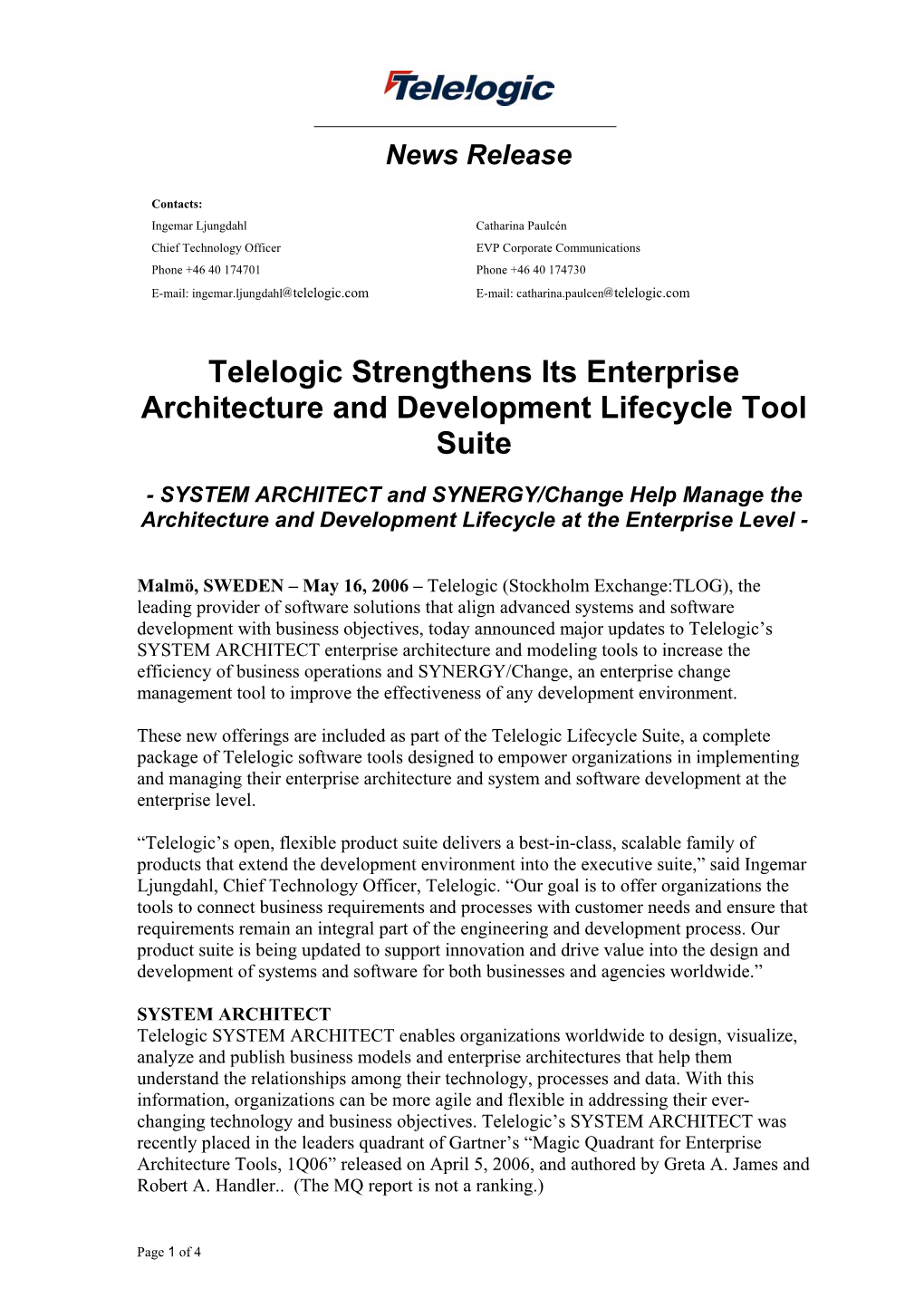 Telelogic Strengthens Its Enterprise Architecture and Development Lifecycle Tool Suite