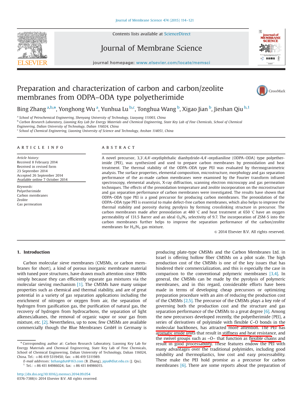 Preparation and Characterization of Carbon and Carbon/Zeolite Membranes from ODPA–ODA Type Polyetherimide