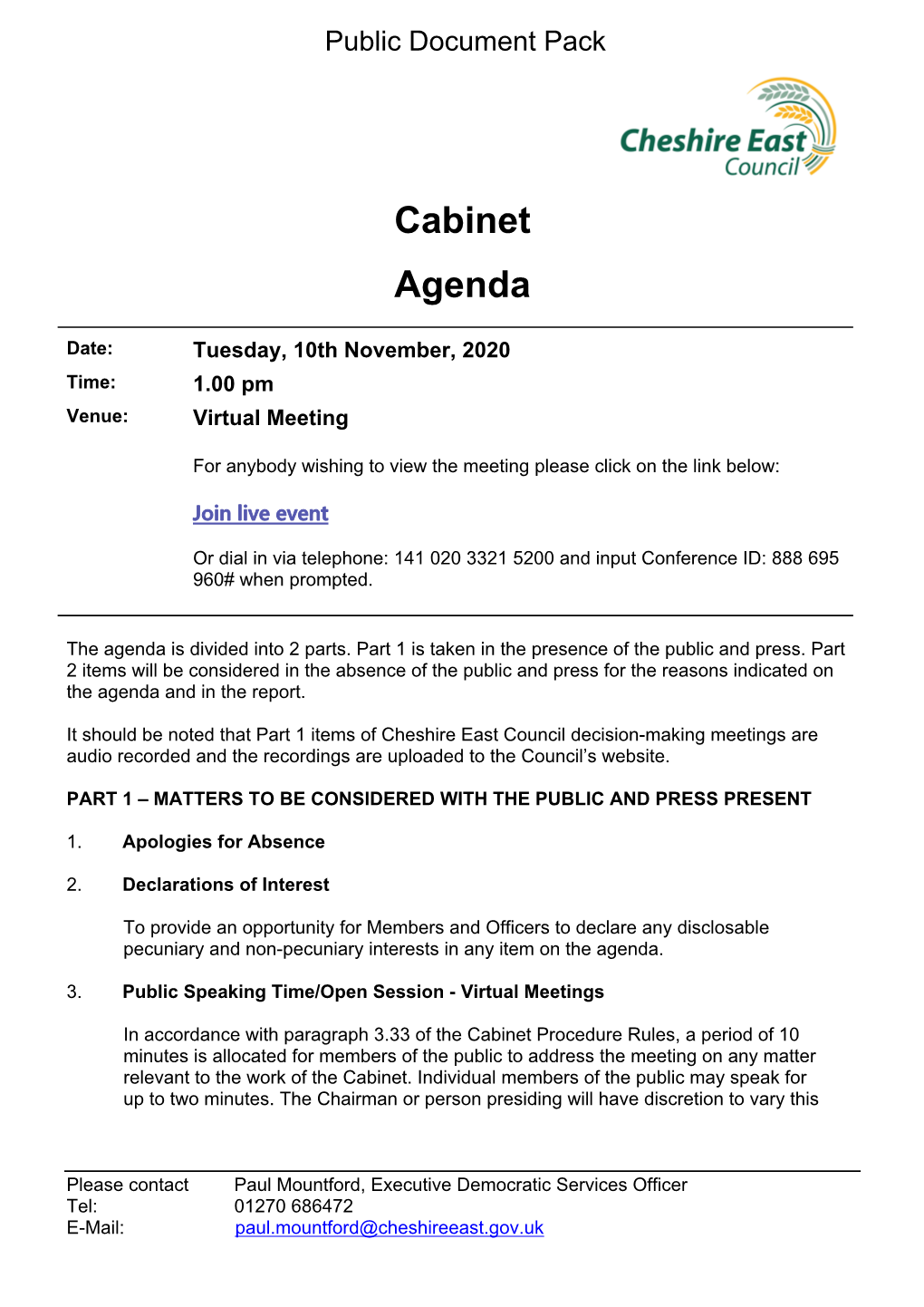 (Public Pack)Agenda Document for Cabinet, 10/11/2020 13:00
