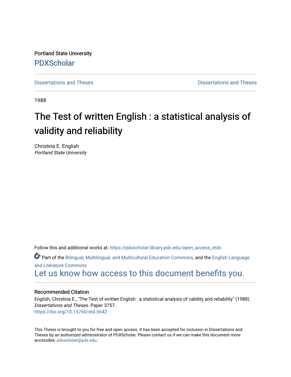 The Test of Written English : a Statistical Analysis of Validity and Reliability