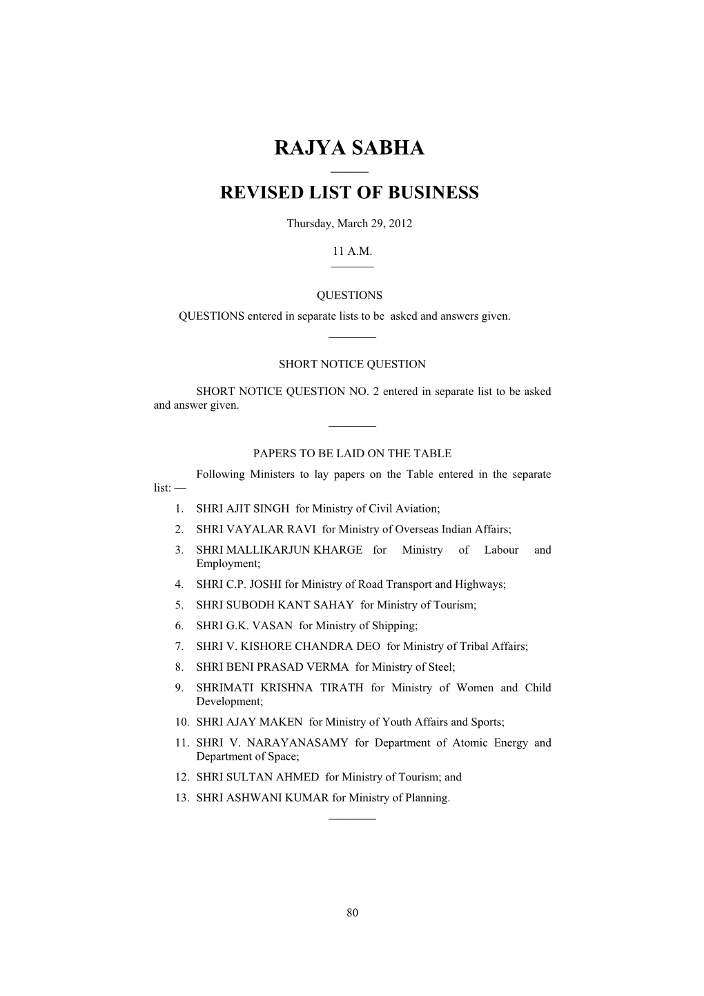 Rajya Sabha —— Revised List of Business