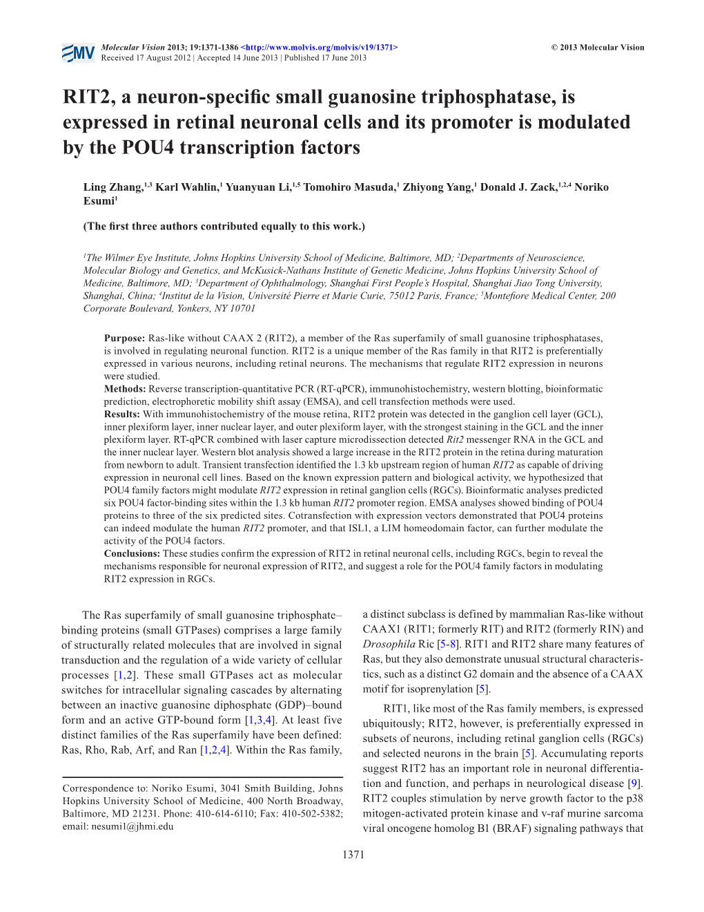 RIT2, a Neuron-Specific Small Guanosine Triphosphatase, Is Expressed in Retinal Neuronal Cells and Its Promoter Is Modulated by the POU4 Transcription Factors