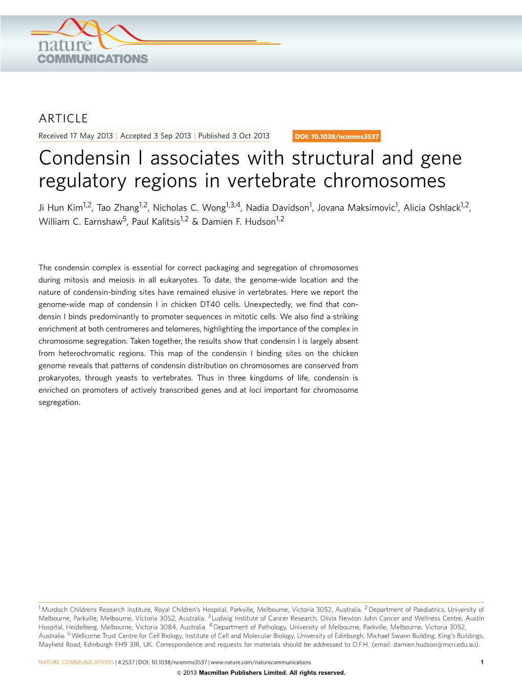 Condensin I Associates with Structural and Gene Regulatory Regions in Vertebrate Chromosomes