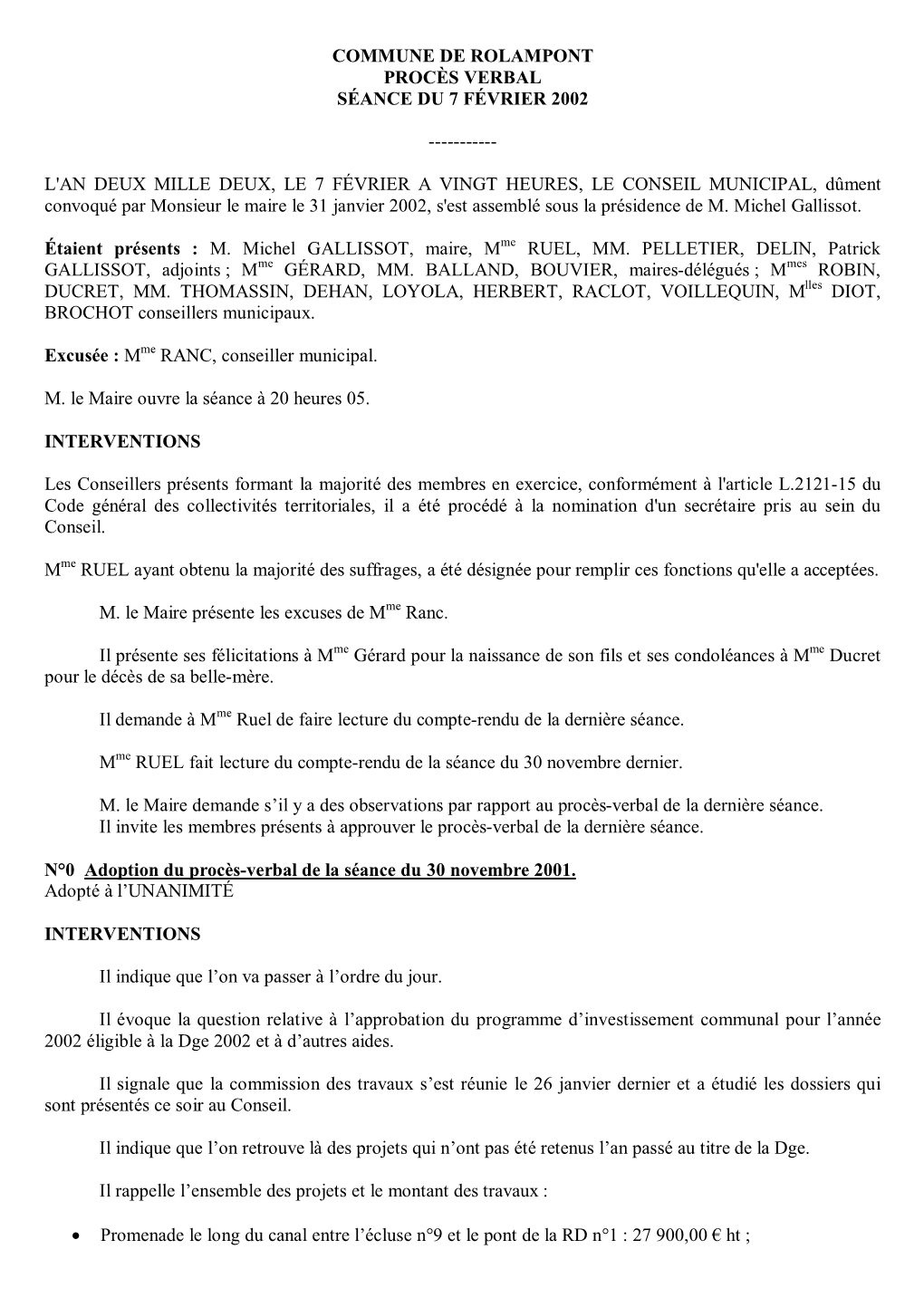 Commune De Rolampont Procès Verbal Séance Du 7 Février 2002