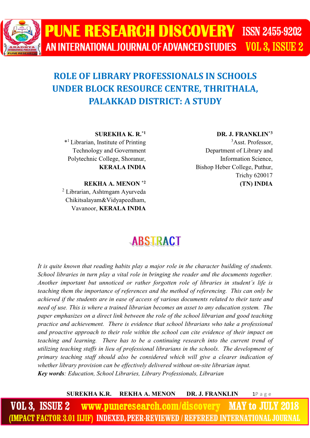 Role of Library Professionals in Schools Under Block Resource Centre, Thrithala, Palakkad District: a Study