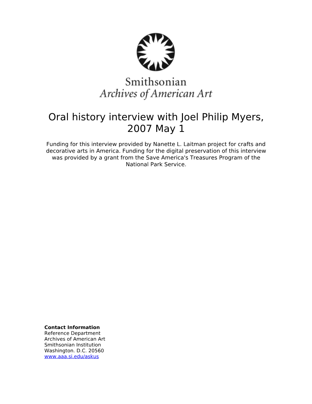 Oral History Interview with Joel Philip Myers, 2007 May 1