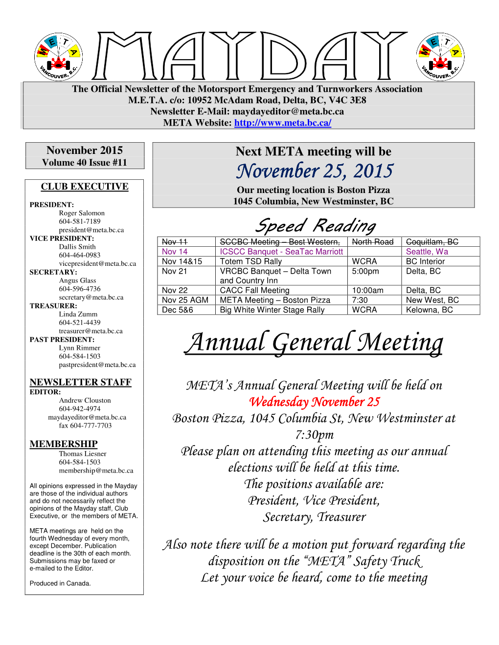 Annual General Meeting 604-584-1503 Pastpresident@Meta.Bc.Ca