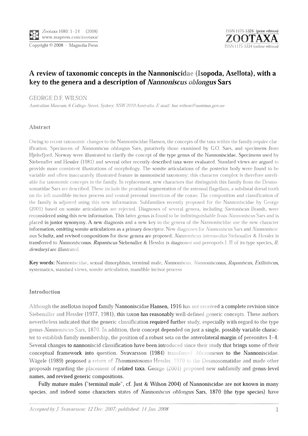 Isopoda, Asellota), with a Key to the Genera and a Descriptionnannoniscus of Oblongus Sars