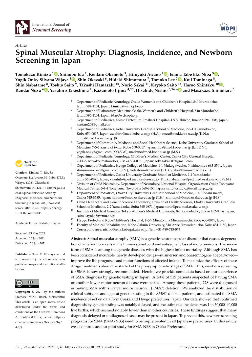 Spinal Muscular Atrophy: Diagnosis, Incidence, and Newborn Screening in Japan