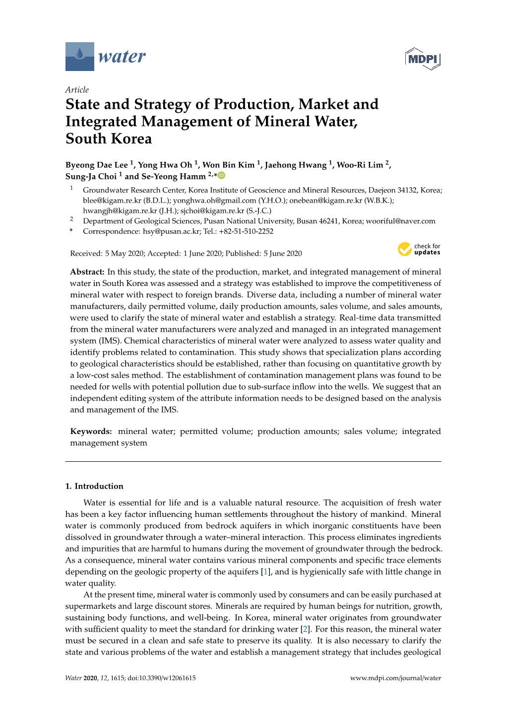 State and Strategy of Production, Market and Integrated Management of Mineral Water, South Korea