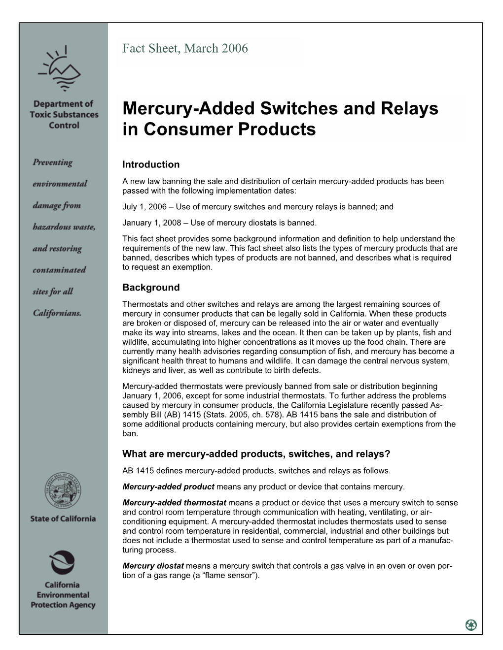 Mercury-Added Switches and Relays in Consumer Products
