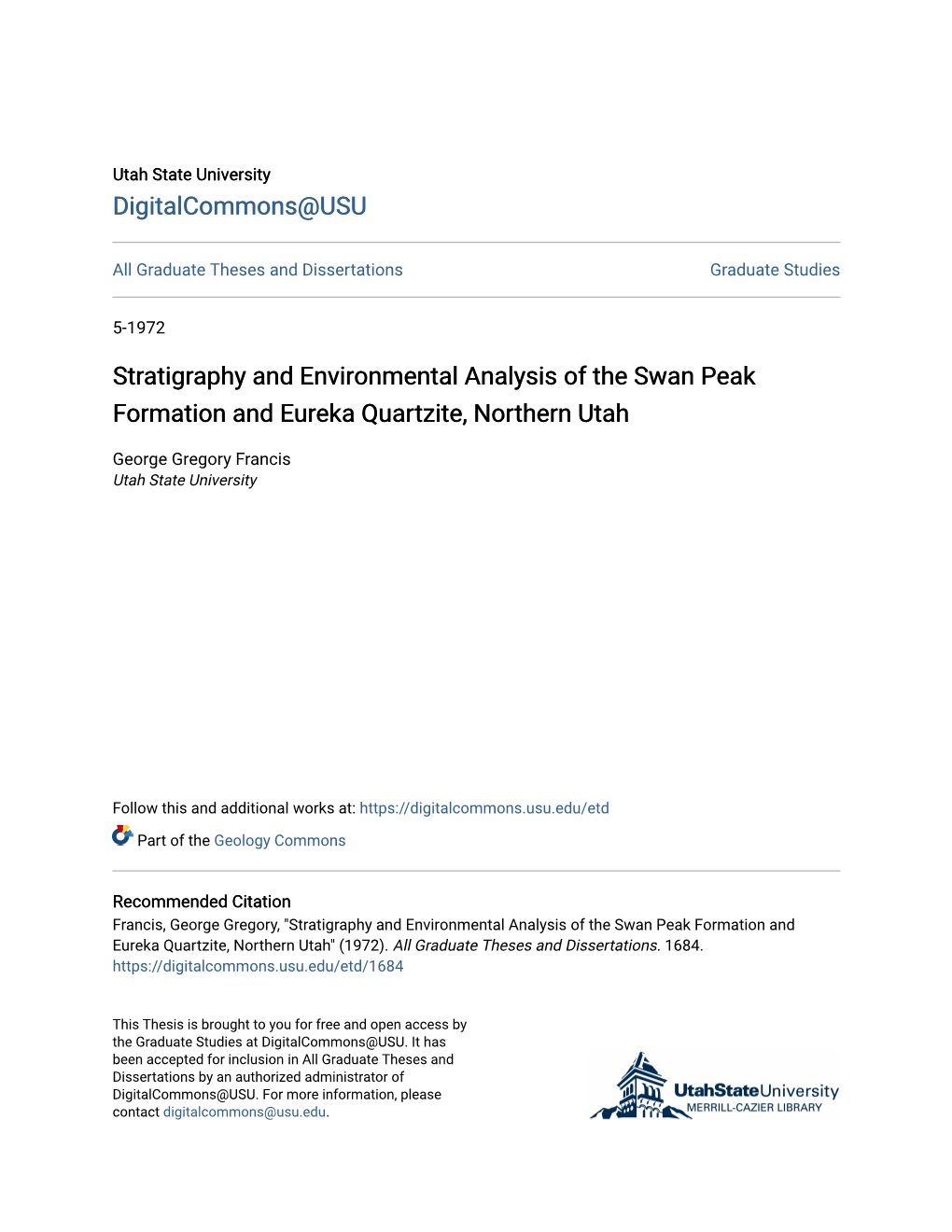 Stratigraphy and Environmental Analysis of the Swan Peak Formation and Eureka Quartzite, Northern Utah