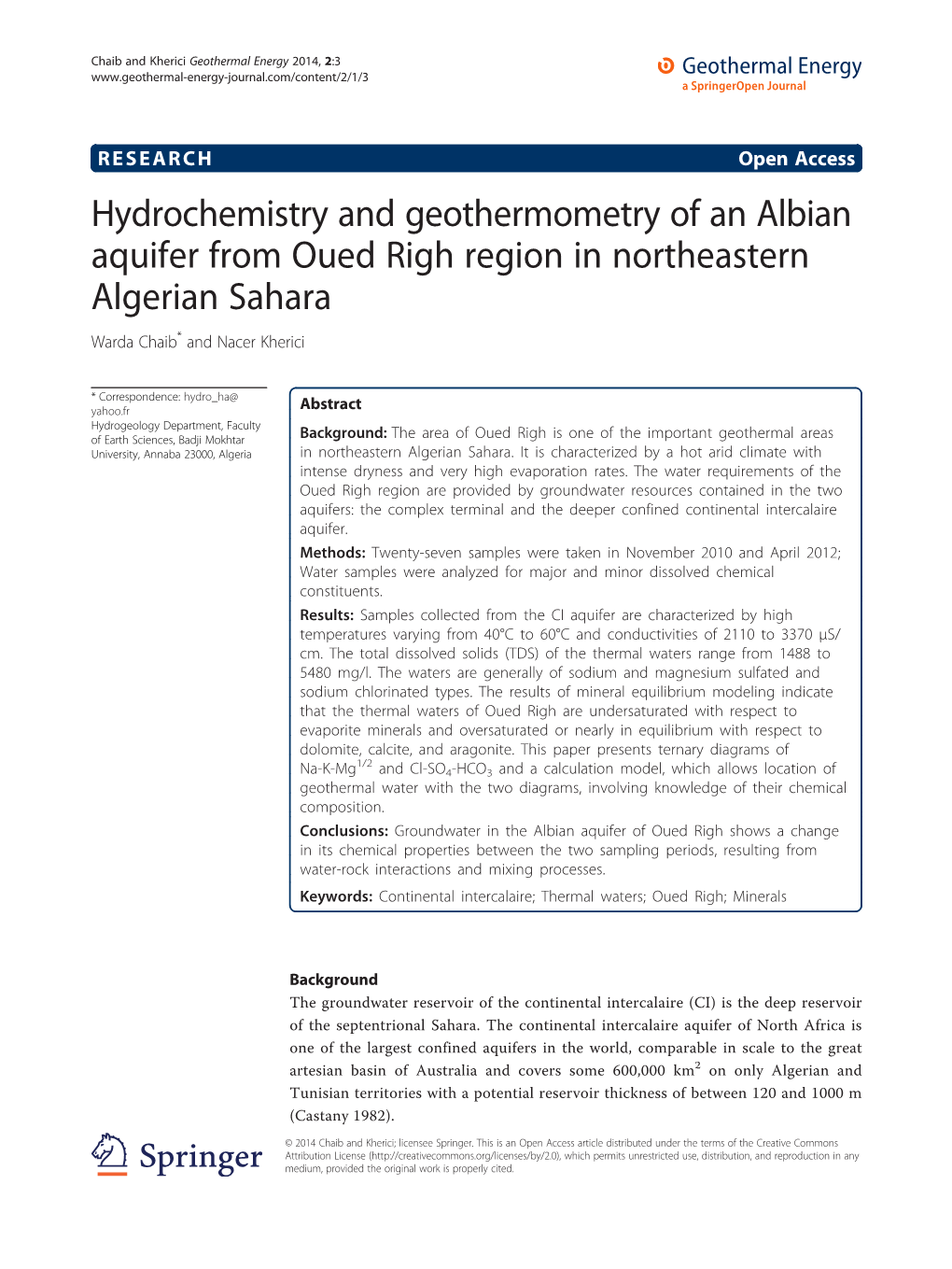 Hydrochemistry and Geothermometry of an Albian Aquifer from Oued Righ Region in Northeastern Algerian Sahara