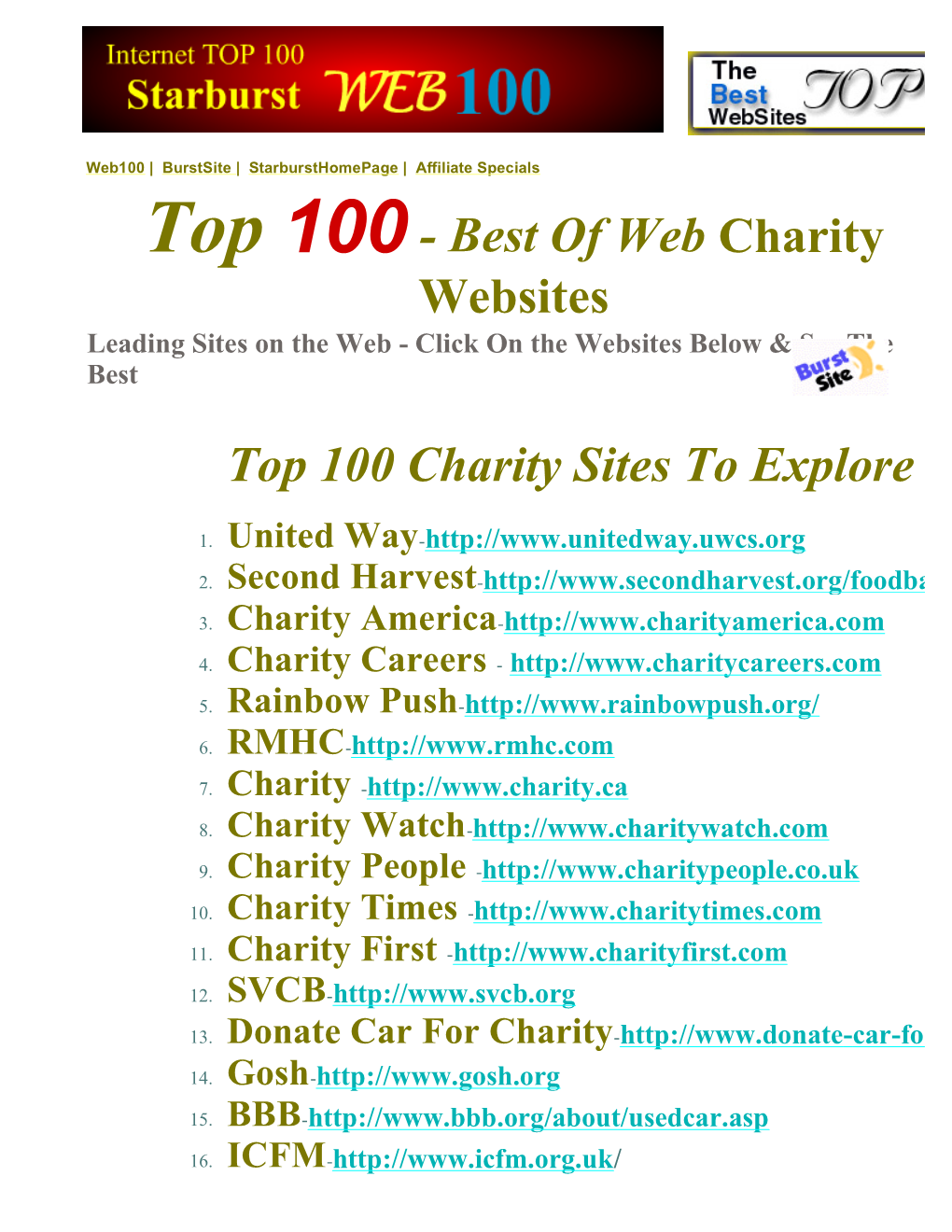Top 100 - Best of Web Charity Websites Leading Sites on the Web - Click on the Websites Below & See The