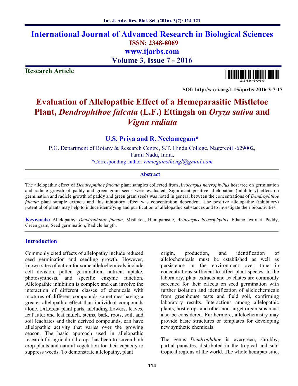 Evaluation of Allelopathic Effect of a Hemeparasitic Mistletoe Plant, Dendrophthoe Falcata (L.F.) Ettingsh on Oryza Sativa and Vigna Radiata