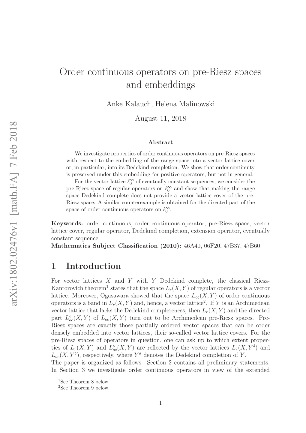 Order Continuous Operators on Pre-Riesz Spaces and Embeddings