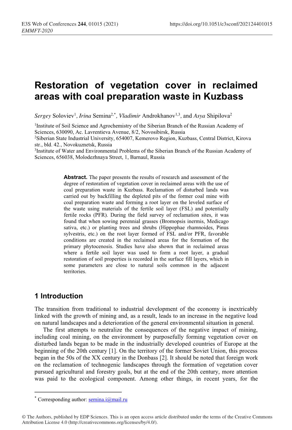 Restoration of Vegetation Cover in Reclaimed Areas with Coal Preparation Waste in Kuzbass