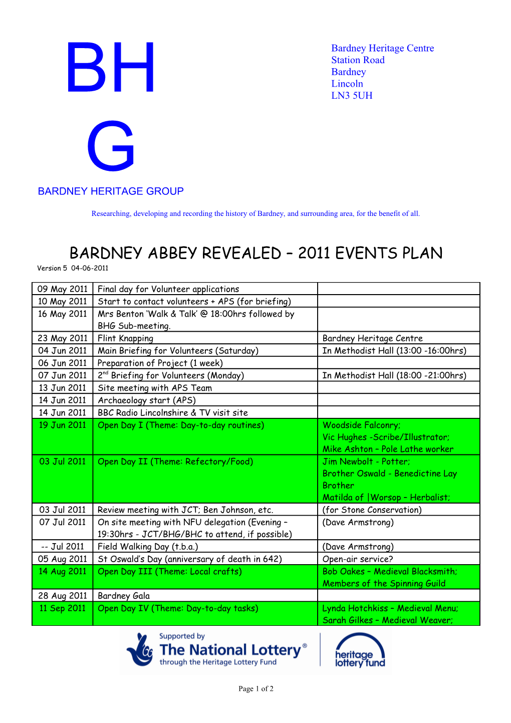 Bardney Abbey Revealed 2011 Events Plan