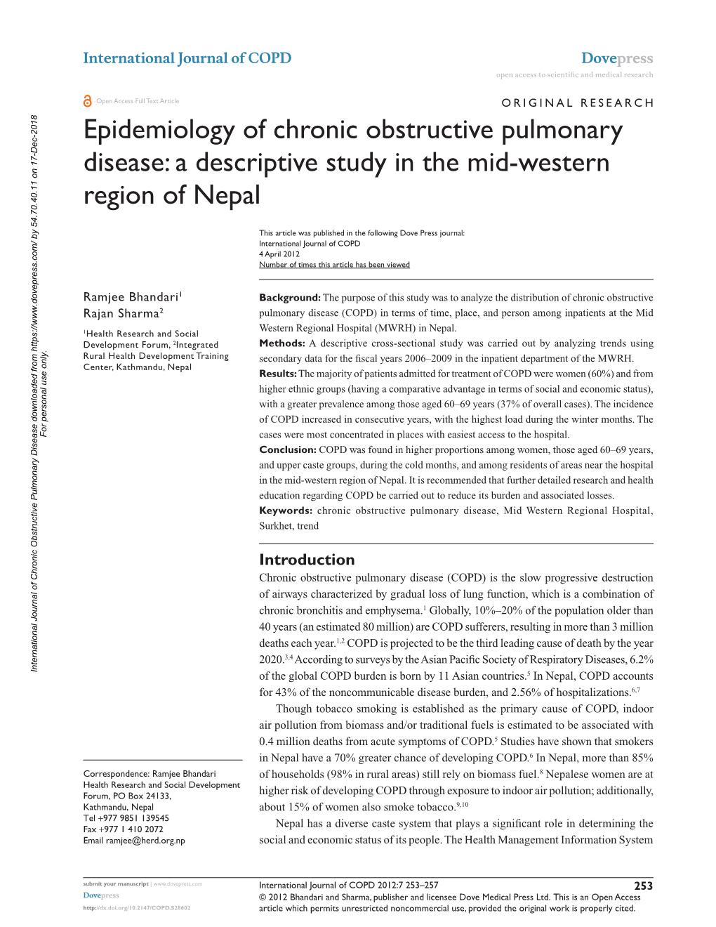 Epidemiology of Chronic Obstructive Pulmonary Disease: a Descriptive Study in the Mid-Western Region of Nepal