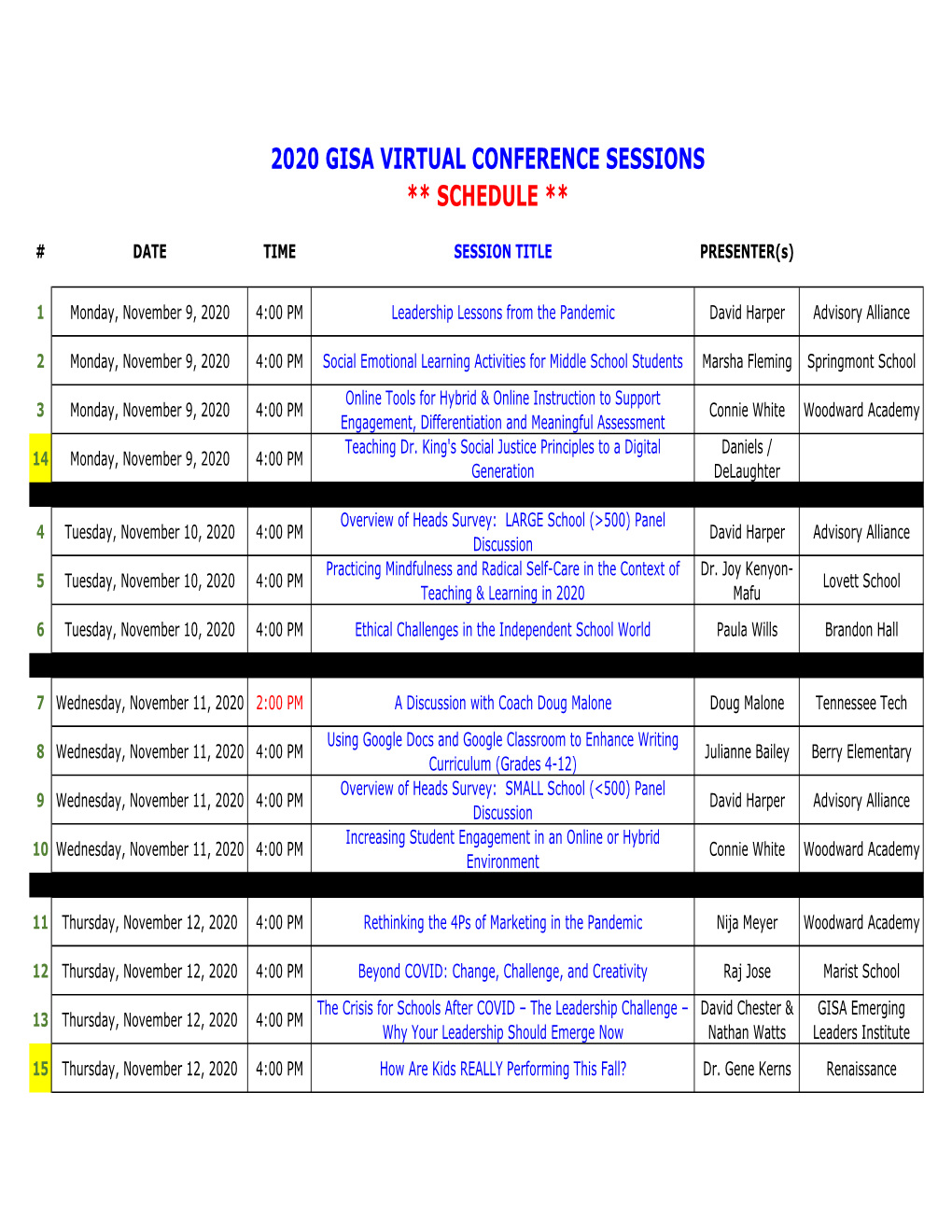 Schedule of Virtual Conference Sessions.Xlsx