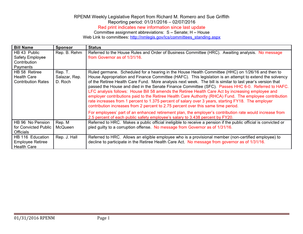 RPENM Weekly Legislative Report from Richard M. Romero and Sue Griffith