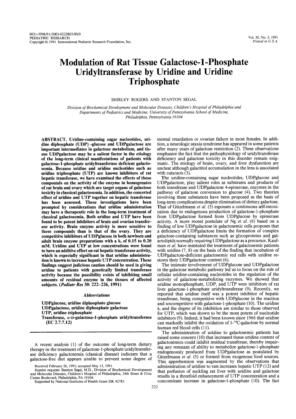 Modulation of Rat Tissue Galactose-1-Phosphate Uridyltransferase by Uridine and Uridine Triphosphate