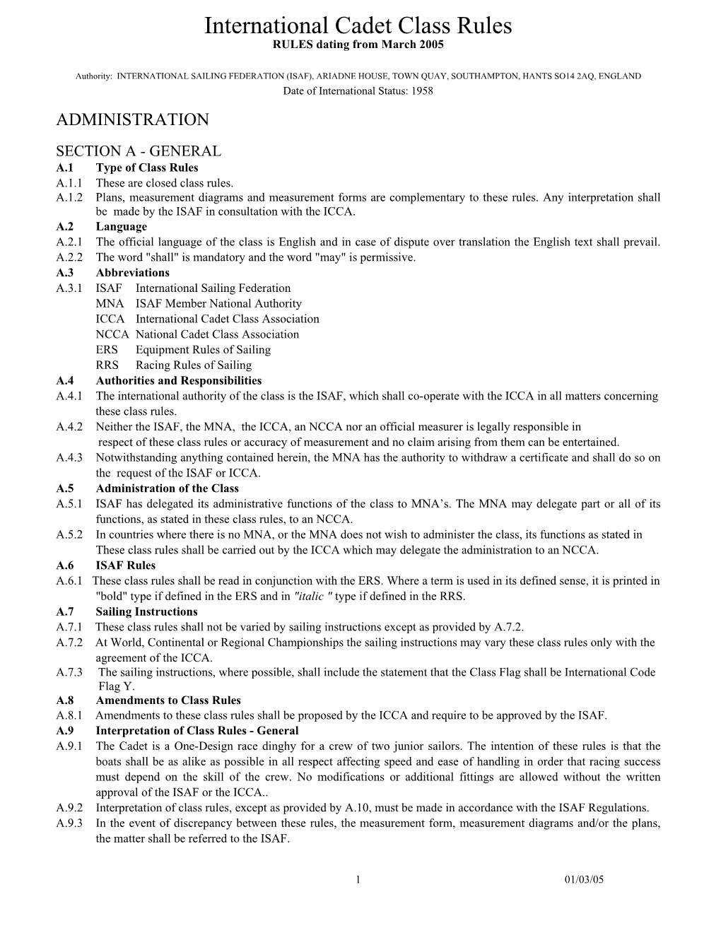 International Cadet Class Rules RULES Dating from March 2005